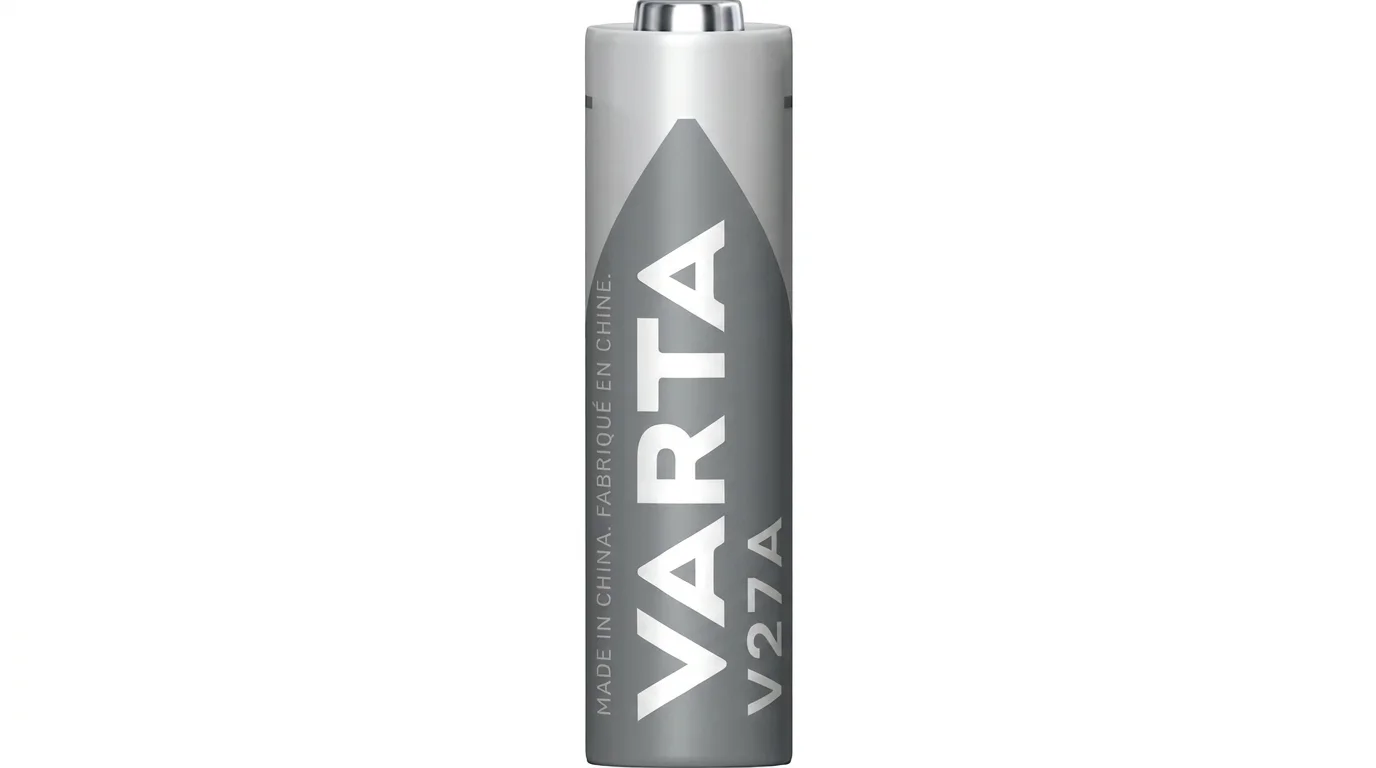 Strieborno-sivá valcová batéria VARTA V27A s bielym nápisom a kovovým kontaktom na vrchu.