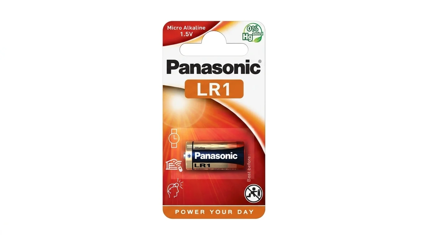 Blistrové balení s jednou alkalickou baterií Panasonic LR1 1,5 V.
