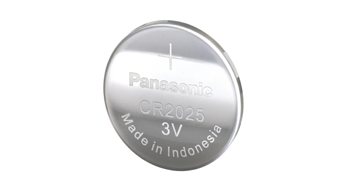 Strieborná gombíková batéria Panasonic CR2025 s vyznačeným napätím 3 V.