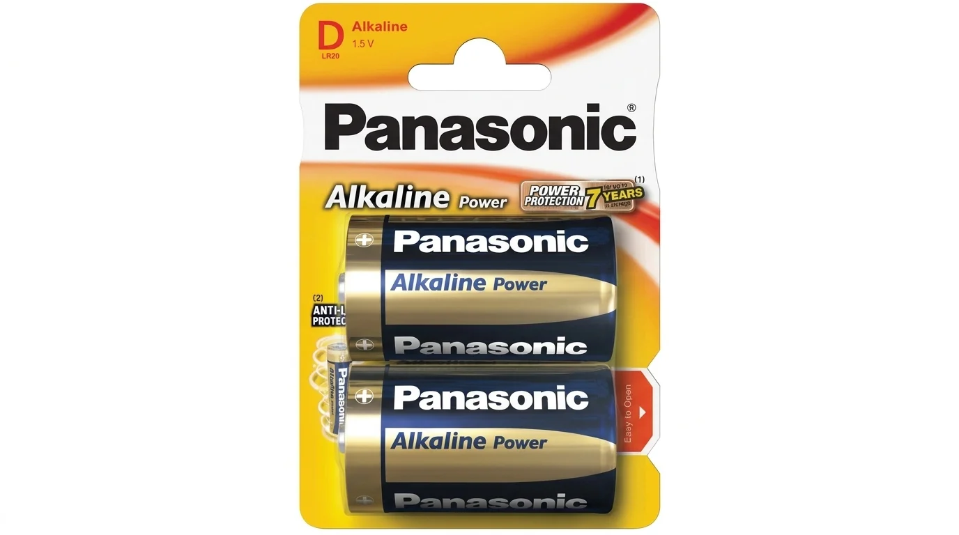 Blistrové balení dvou alkalických baterií Panasonic Alkaline Power velikosti D s napětím 1,5 V.