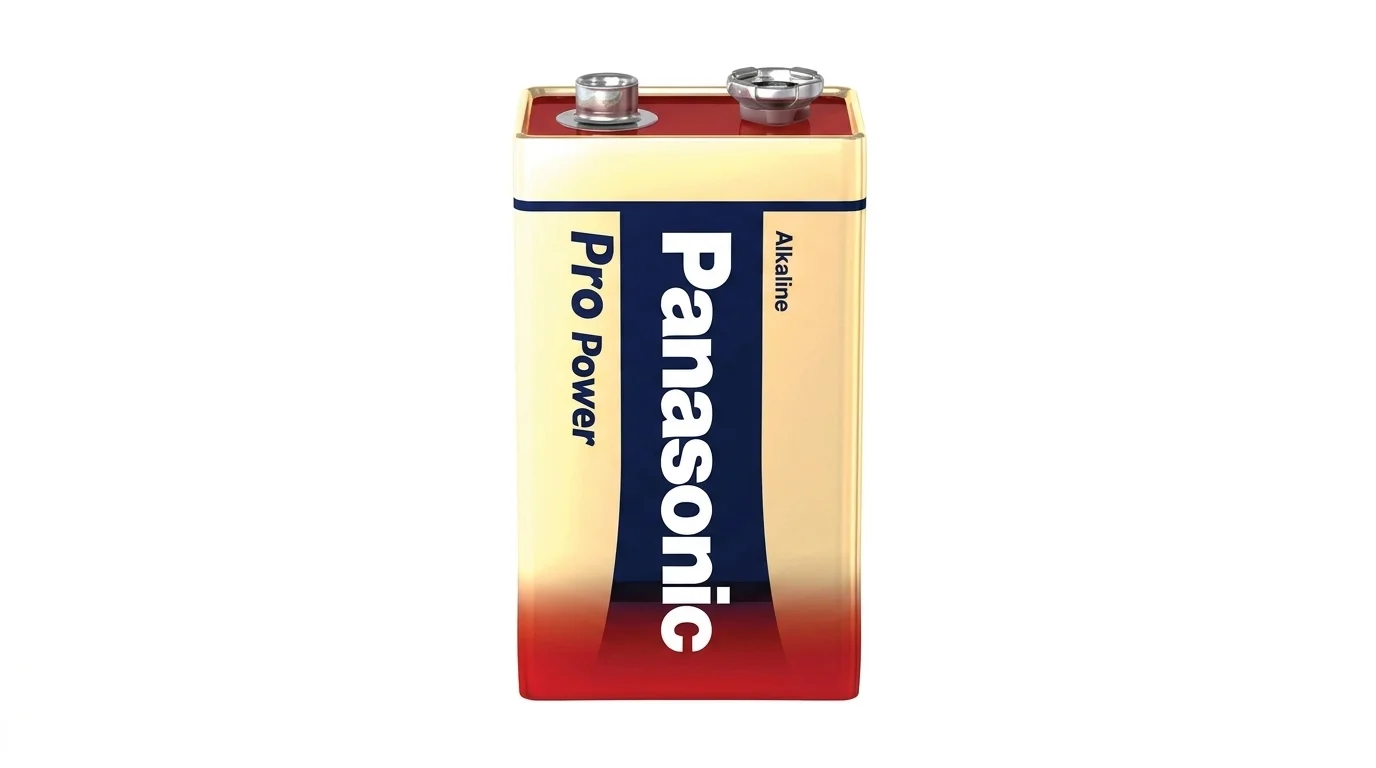 Alkalická 9V baterie Panasonic Pro Power s kontakty na horní straně.