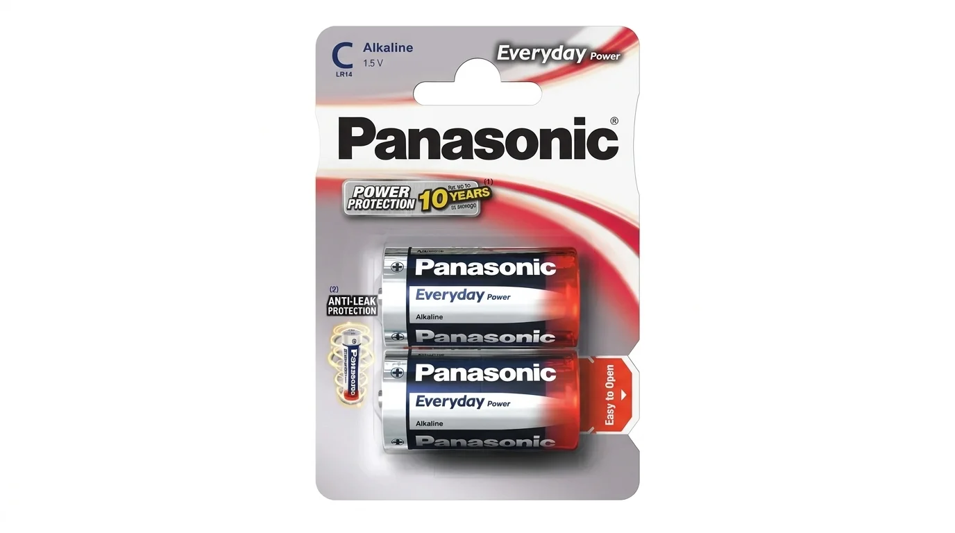 Blistrové balení dvou kusů alkalických baterií Panasonic Everyday Power typu C s napětím 1,5 V.