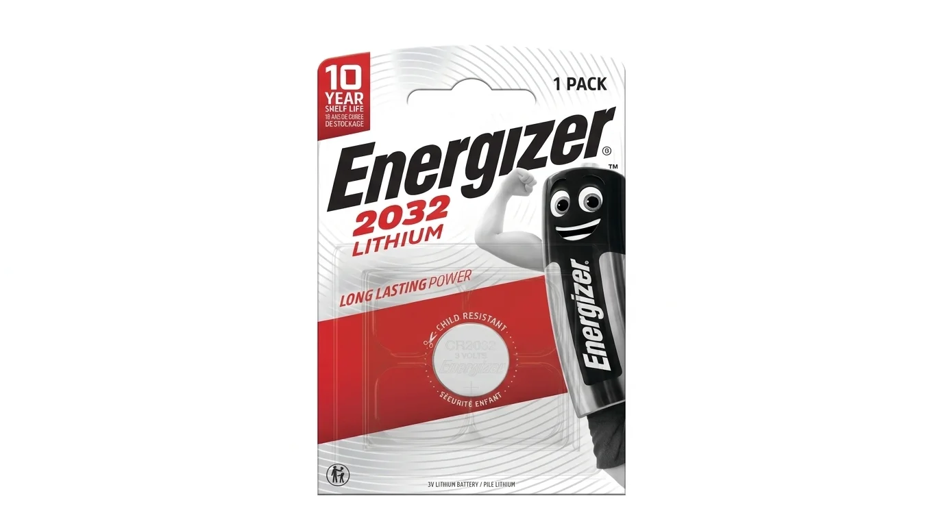 Blistrové balenie jednej 3V lítiovej gombíkovej batérie Energizer CR2032 s vyobrazeným maskotom.