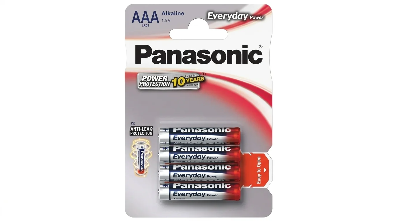 Blistrové balení čtyř alkalických baterií Panasonic Everyday Power AAA 1,5 V.