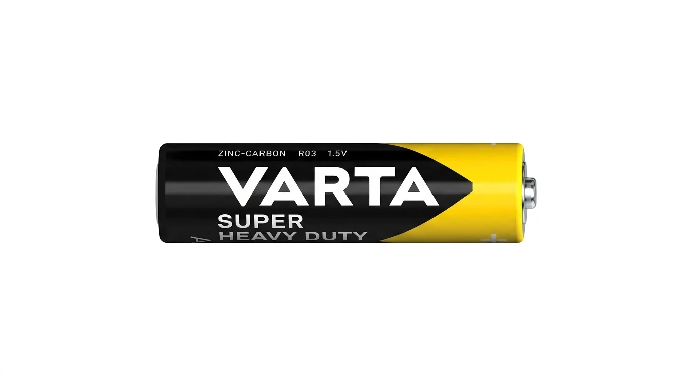 Černo-žlutá mikrotužková baterie VARTA R03 Super Heavy Duty na bílém podkladu.