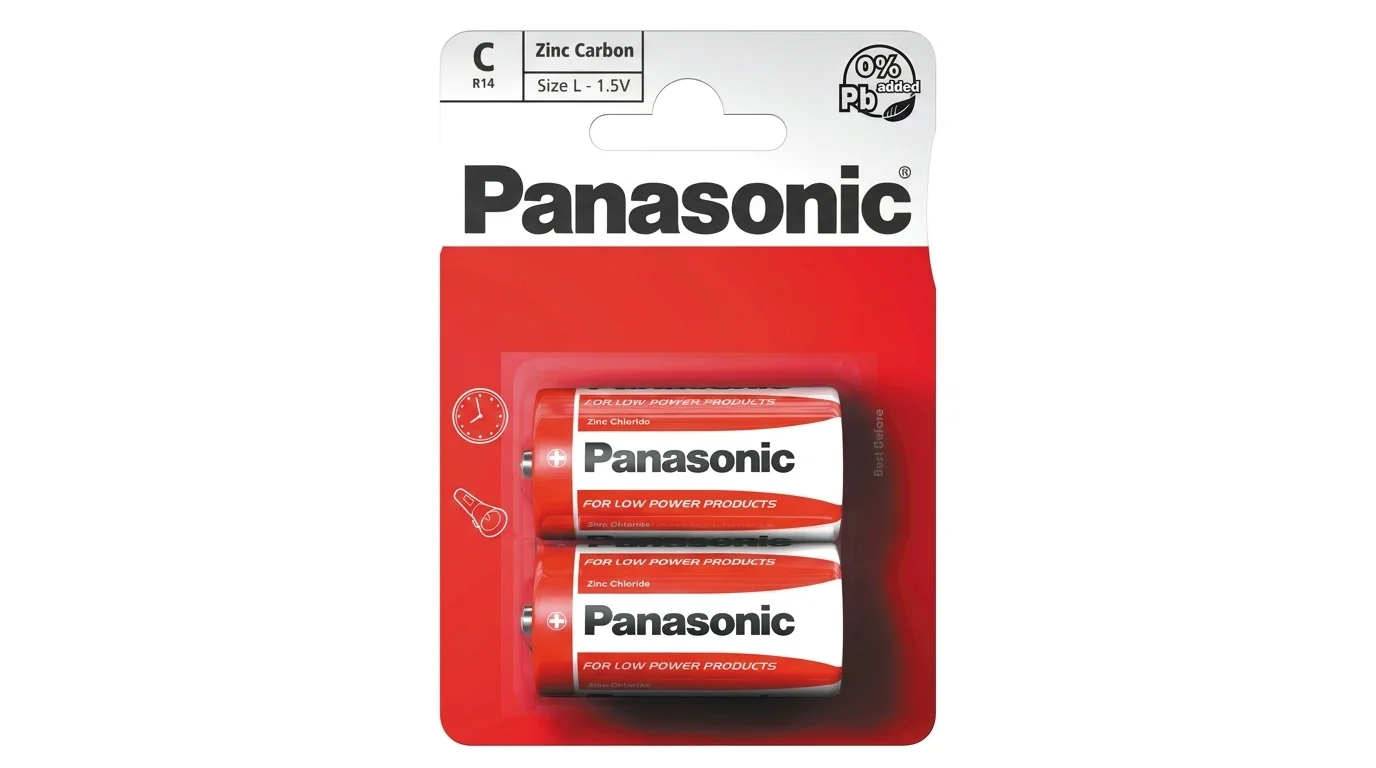 Blistrové balení dvou zinkouhlíkových baterií Panasonic typu C (R14) s napětím 1,5 V.