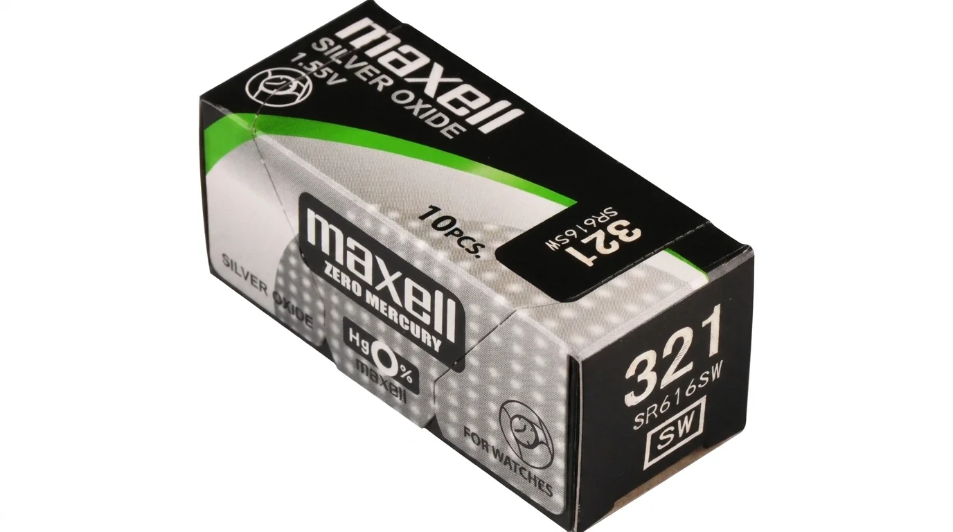 Čierno-strieborné balenie desiatich kusov hodinkových batérií Maxell 321 SR616SW.