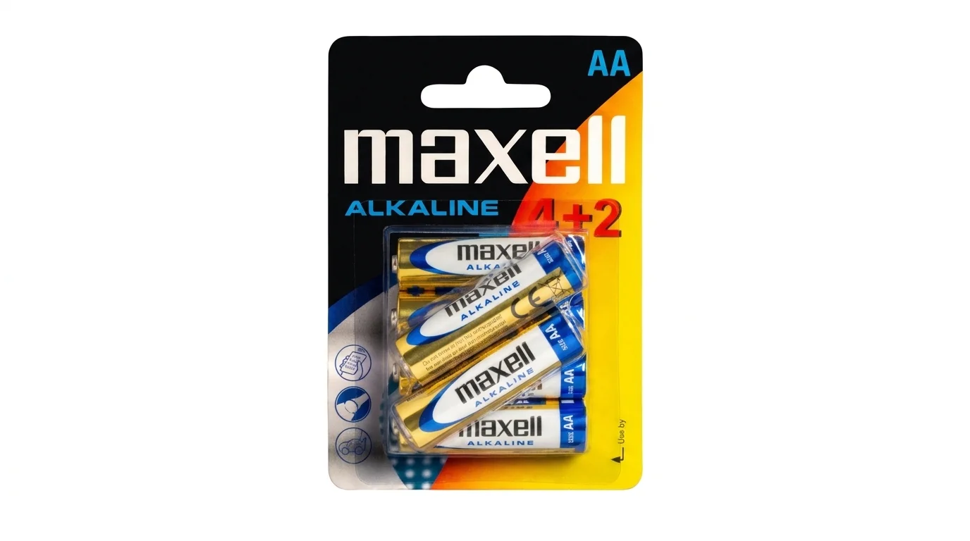 Blistrové balení 6 kusů alkalických tužkových baterií Maxell typu AA.