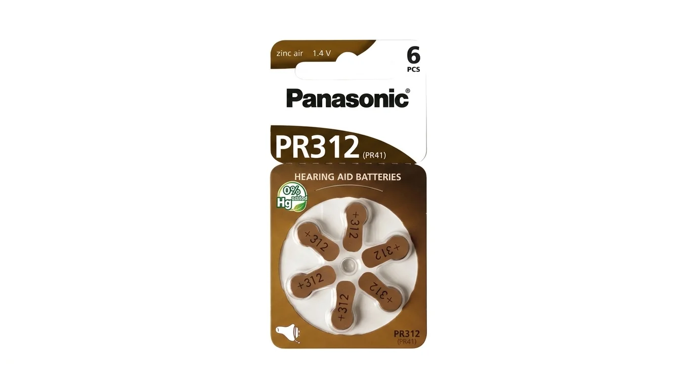 Balení šesti zinkovzdušných knoflíkových baterií Panasonic PR312 s napětím 1,4 V určených pro naslouchadla.