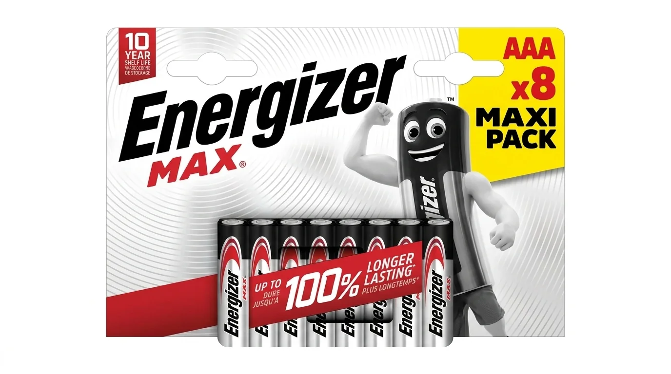 Blistrové balení 8 kusů alkalických baterií Energizer MAX typu AAA s kresleným maskotem.
