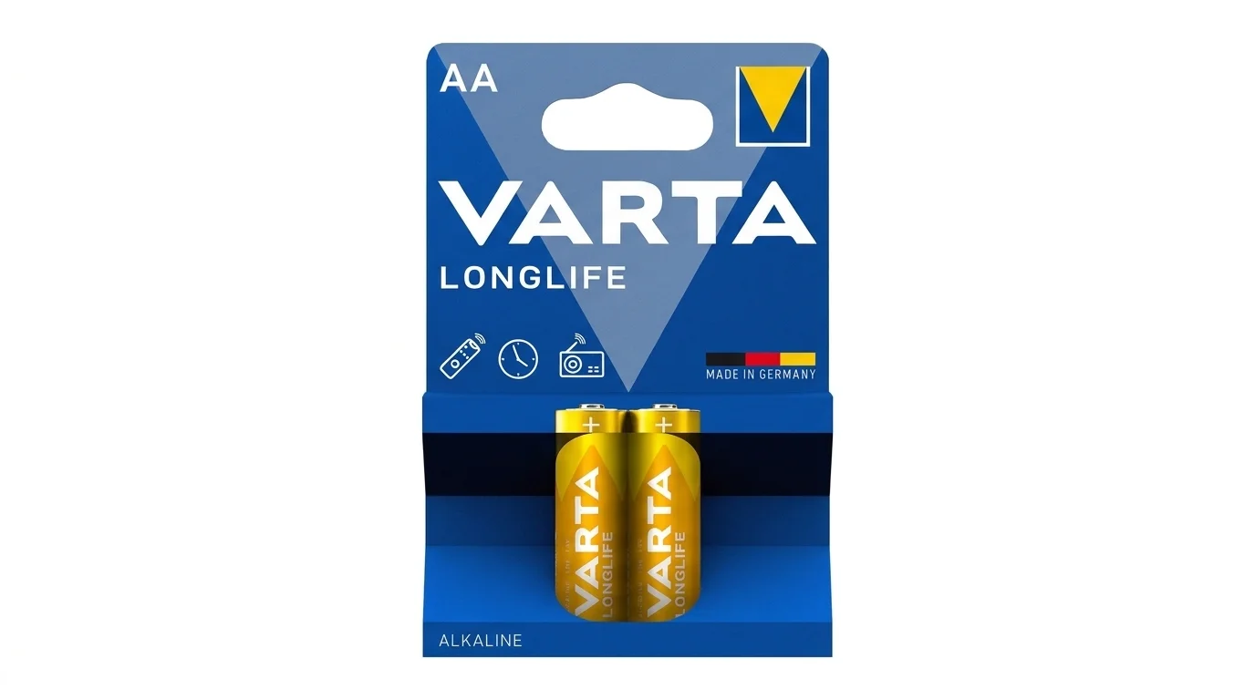 Blistrové balenie dvoch alkalických ceruzkových batérií VARTA Longlife veľkosti AA.