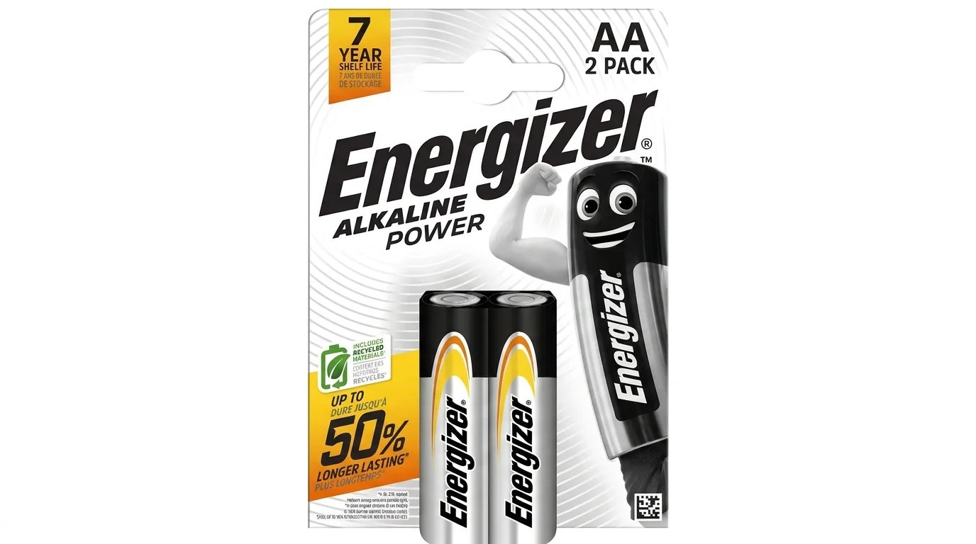 Blistrové balenie dvoch alkalických batérií Energizer Alkaline Power AA s vyobrazeným maskotom značky.