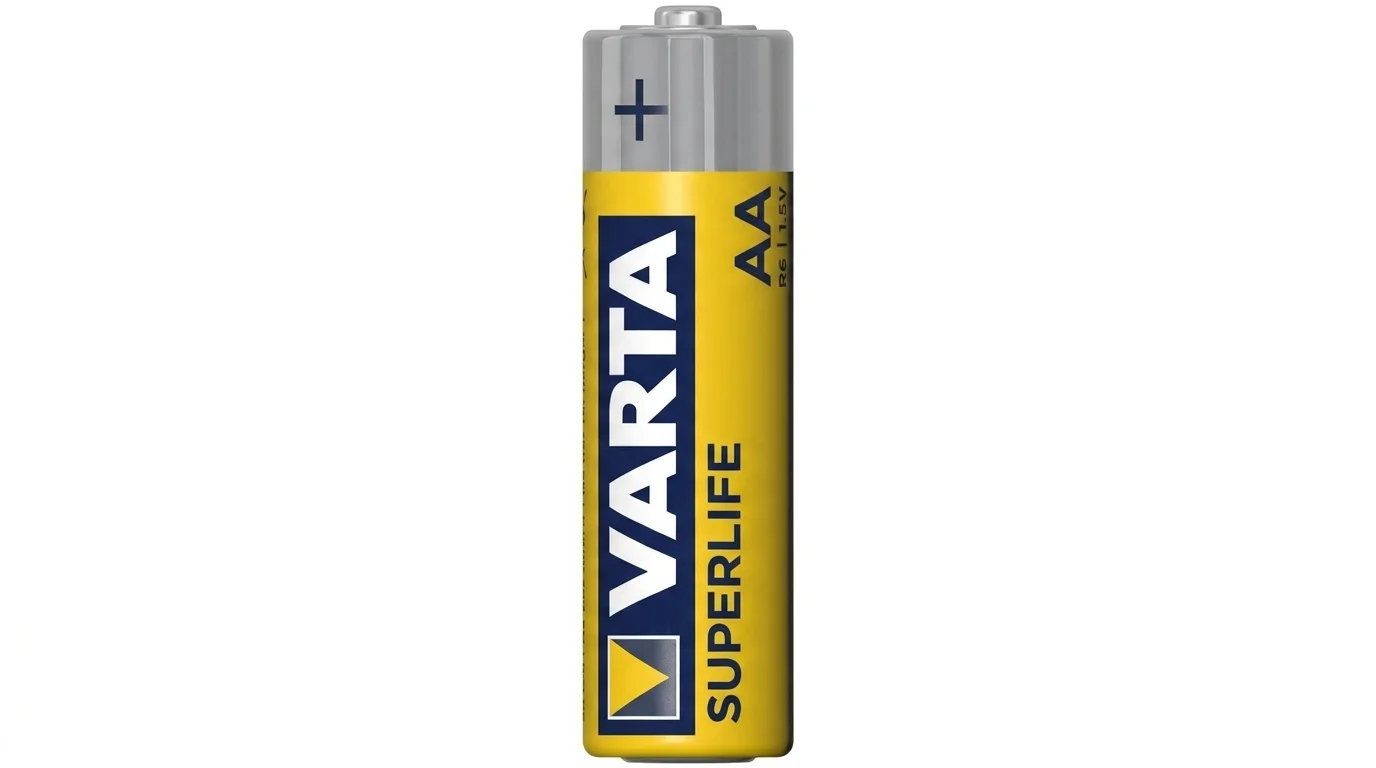 Tužková baterie Varta Superlife AA ve žlutomodrém provedení se stříbrným kladným pólem.