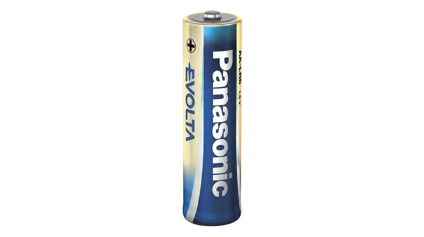 Alkalická tužková baterie Panasonic Evolta AA v modrém a zlatém provedení.