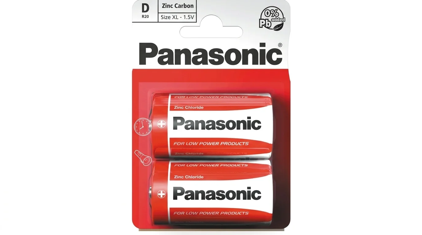 Blistrové balení se dvěma zinkouhlíkovými bateriemi Panasonic velikosti D (R20) 1,5 V v červeno-bílém provedení.
