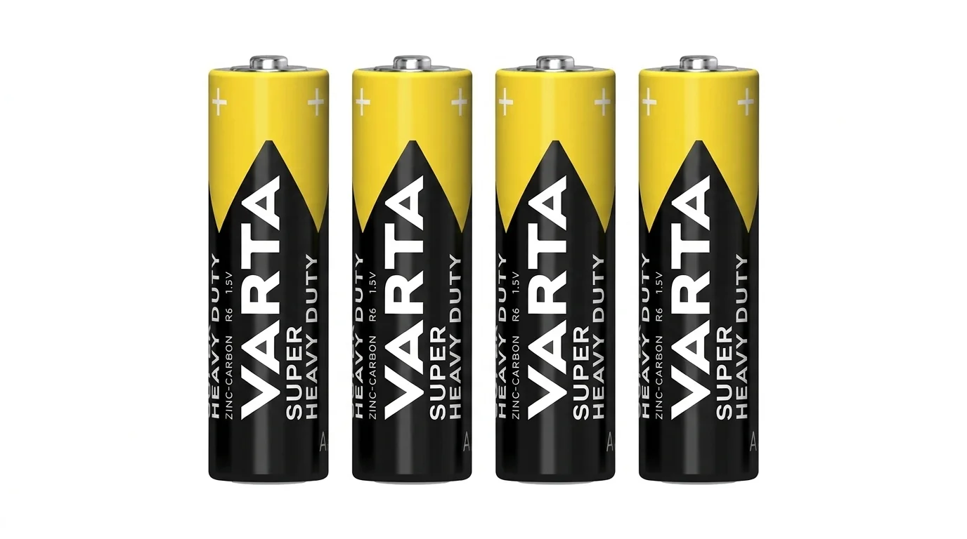 Čtyři žluto-černé tužkové baterie VARTA velikosti AA stojící vedle sebe na bílém pozadí.