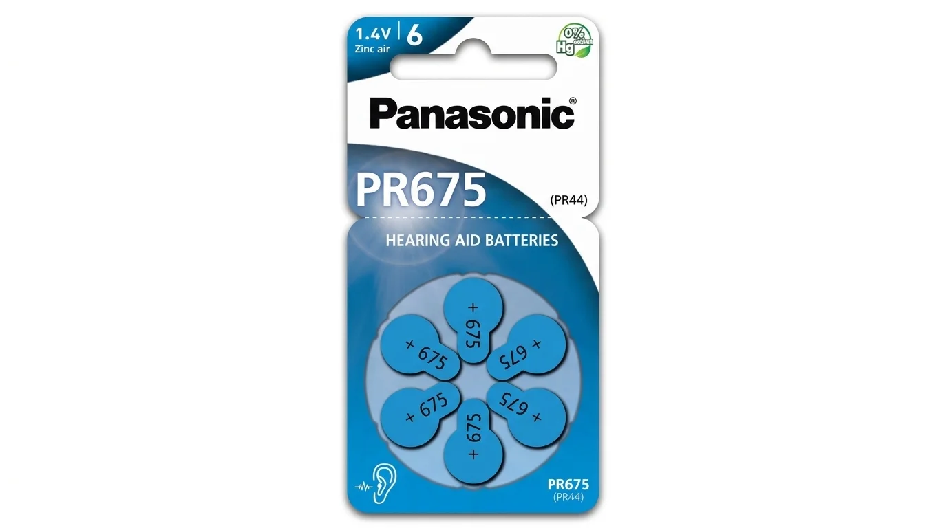 Blistrové balení šesti zinkovzdušných baterií do naslouchadel Panasonic PR675 s modrými ochrannými proužky.