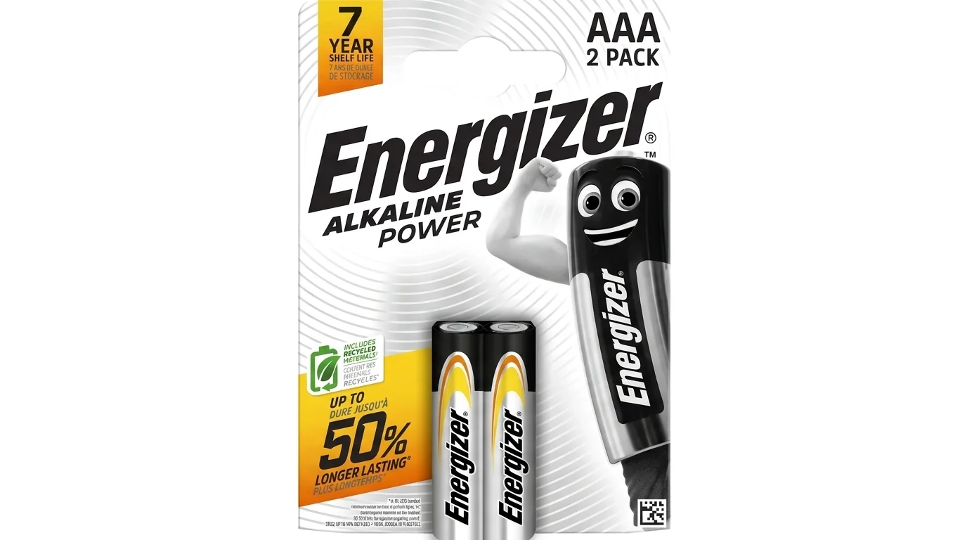 Blistrové balenie dvoch alkalických mikrotužkových batérií Energizer Alkaline Power AAA.