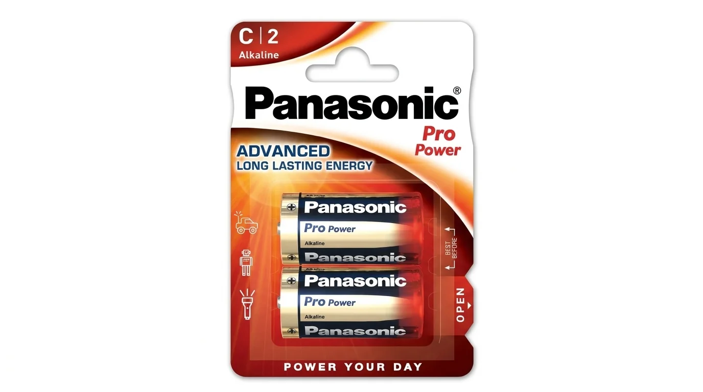 Blistrové balení se dvěma alkalickými bateriemi Panasonic Pro Power typu C.