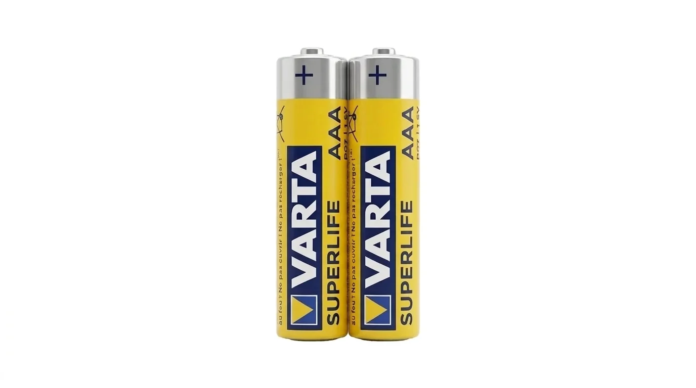 Dvě mikrotužkové baterie VARTA Superlife AAA stojící vedle sebe.