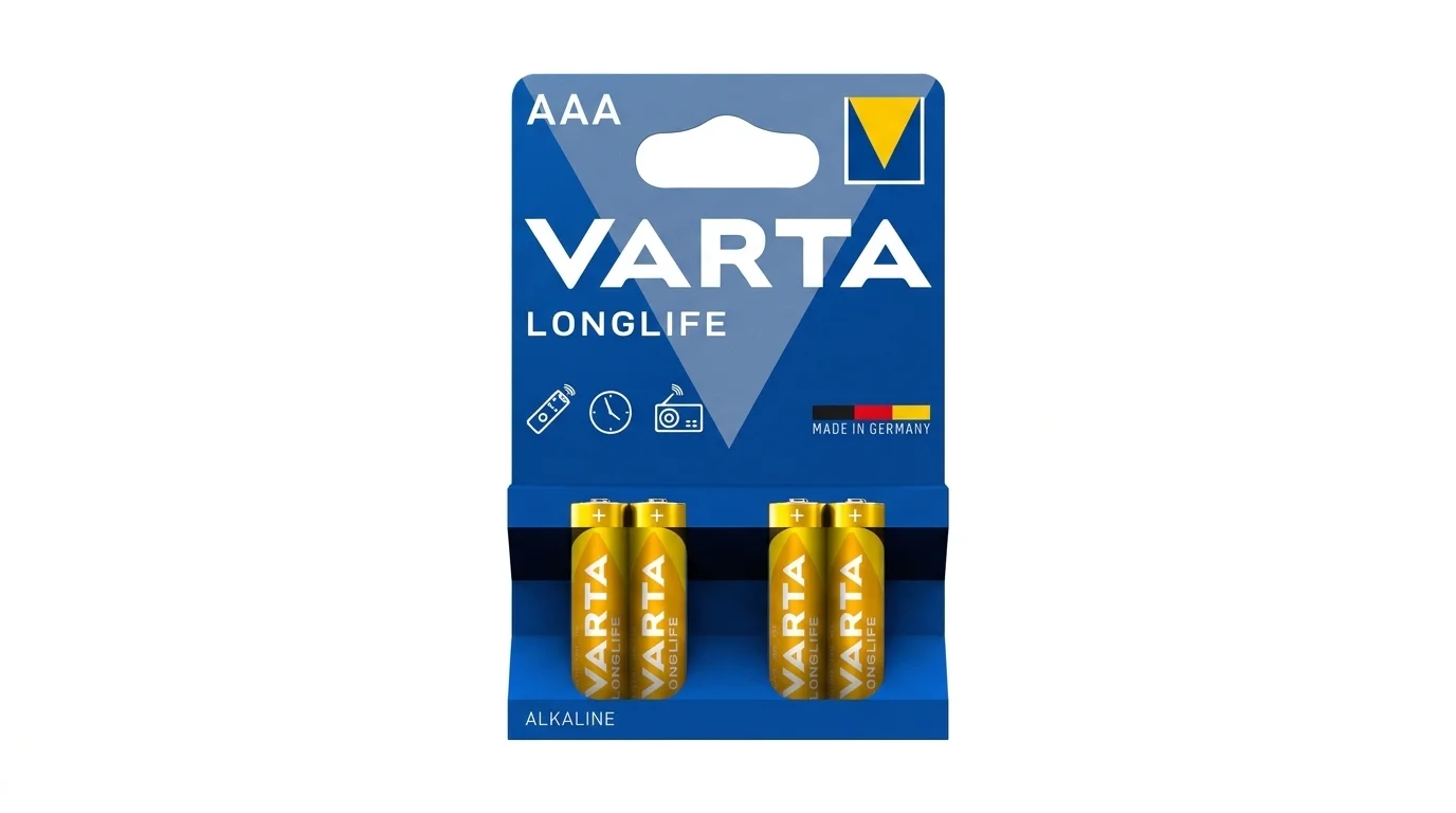 Blistrové balenie štyroch alkalických mikrotužkových batérií VARTA Longlife AAA.