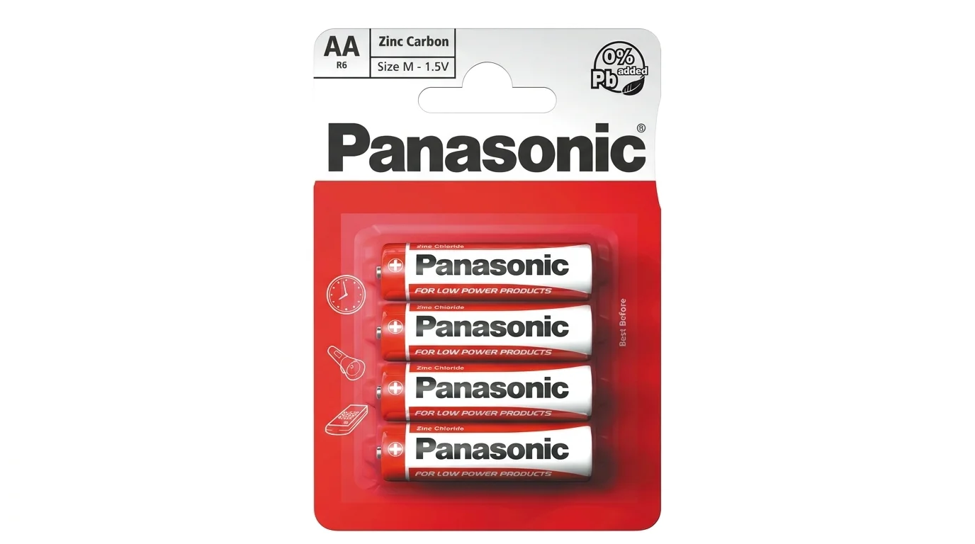 Blistrové balení se čtyřmi zinkouhlíkovými tužkovými bateriemi Panasonic AA v červeno-bílém provedení.