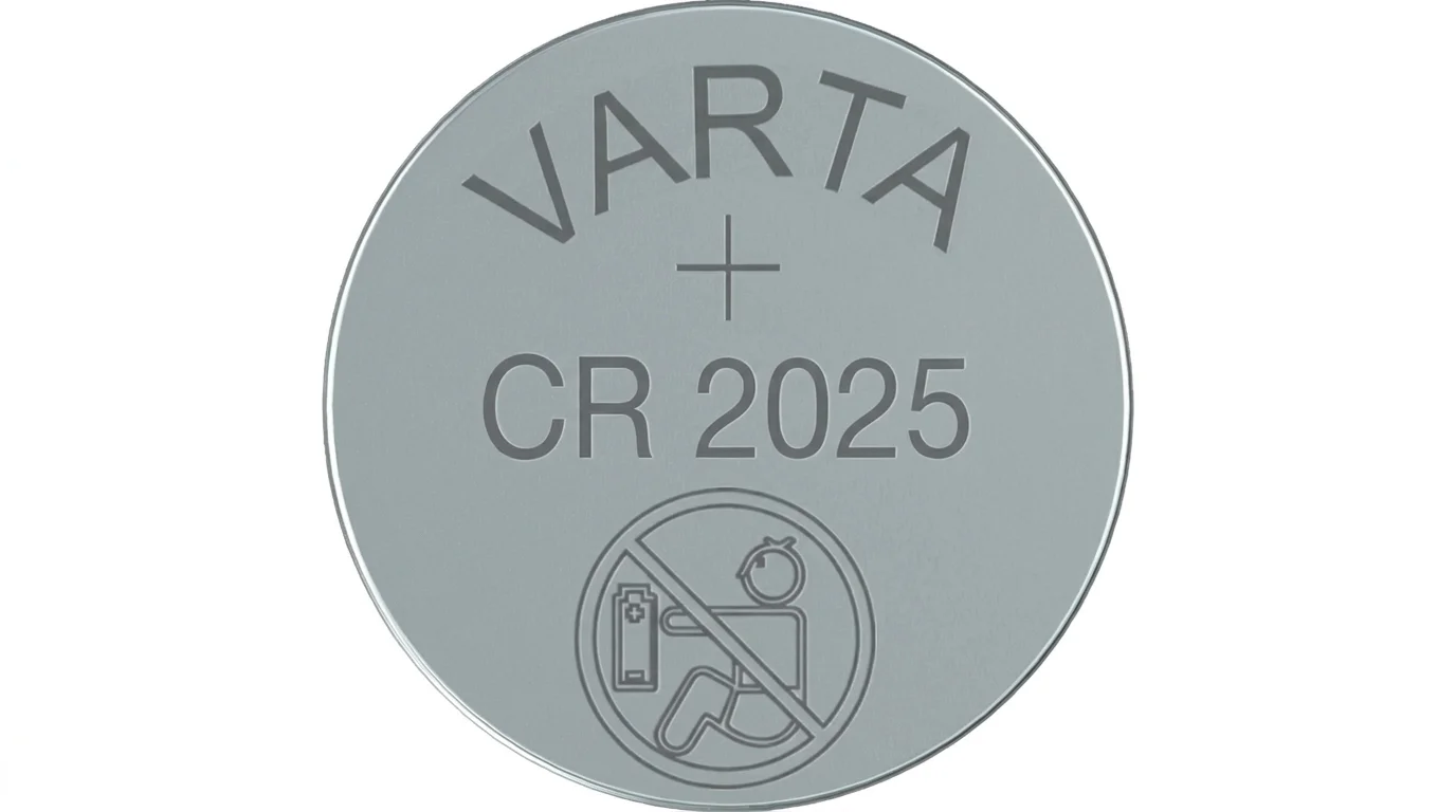 Stříbrná knoflíková baterie Varta CR 2025 s označením polarity a varovným symbolem pro ochranu dětí.