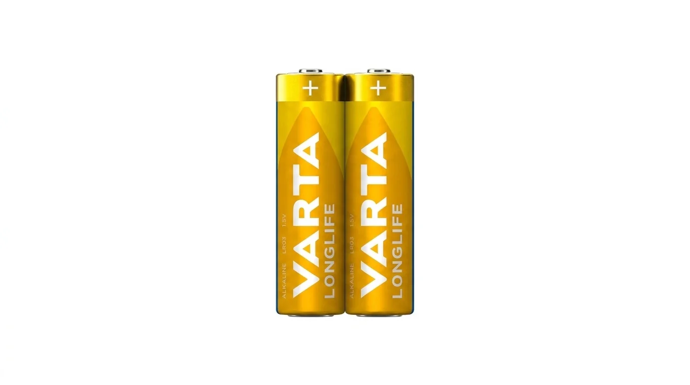 Dve alkalické batérie Varta Longlife AAA v žlto-zlatom vyhotovení stojace vedľa seba.