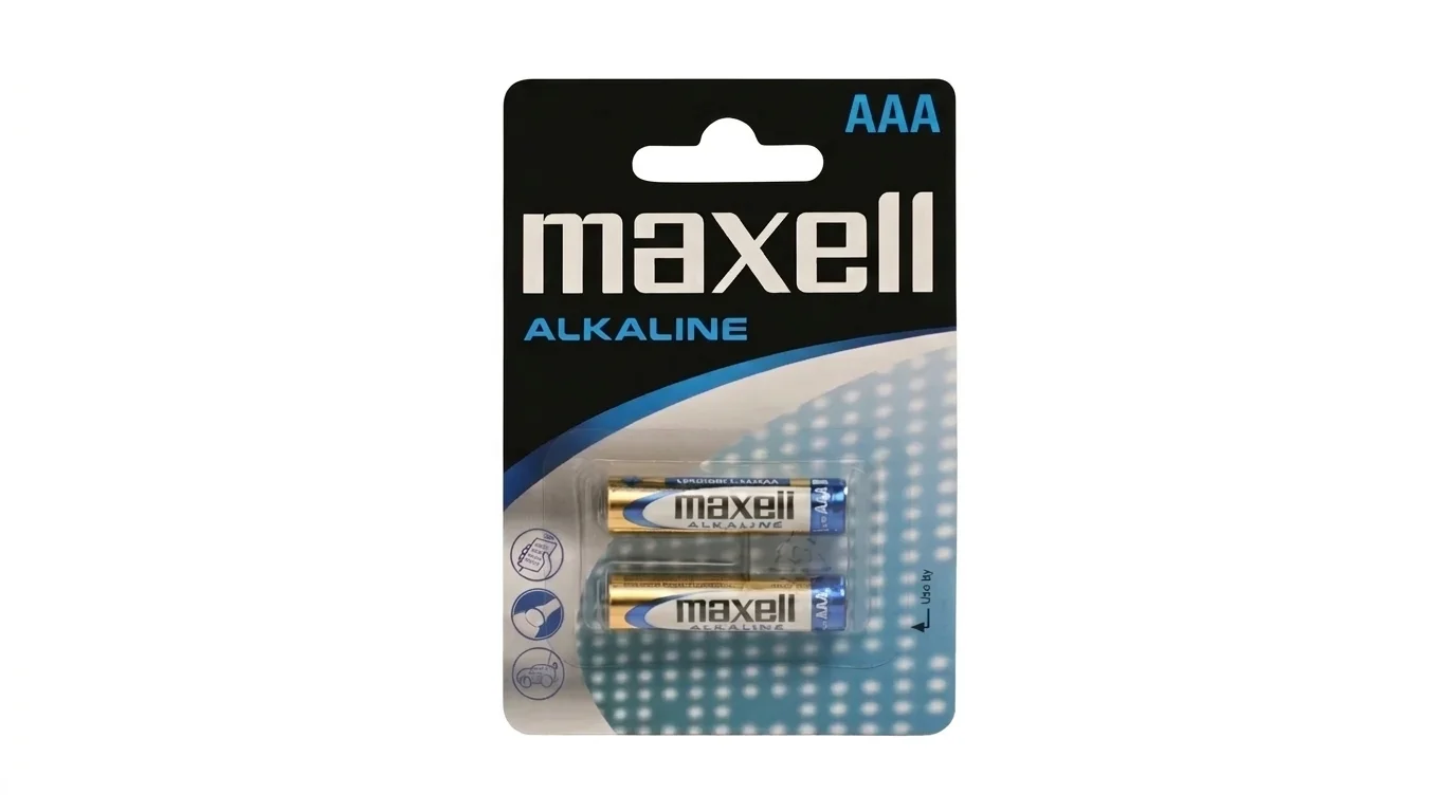 Blistrové balenie dvoch kusov mikrotužkových alkalických batérií Maxell typu AAA.