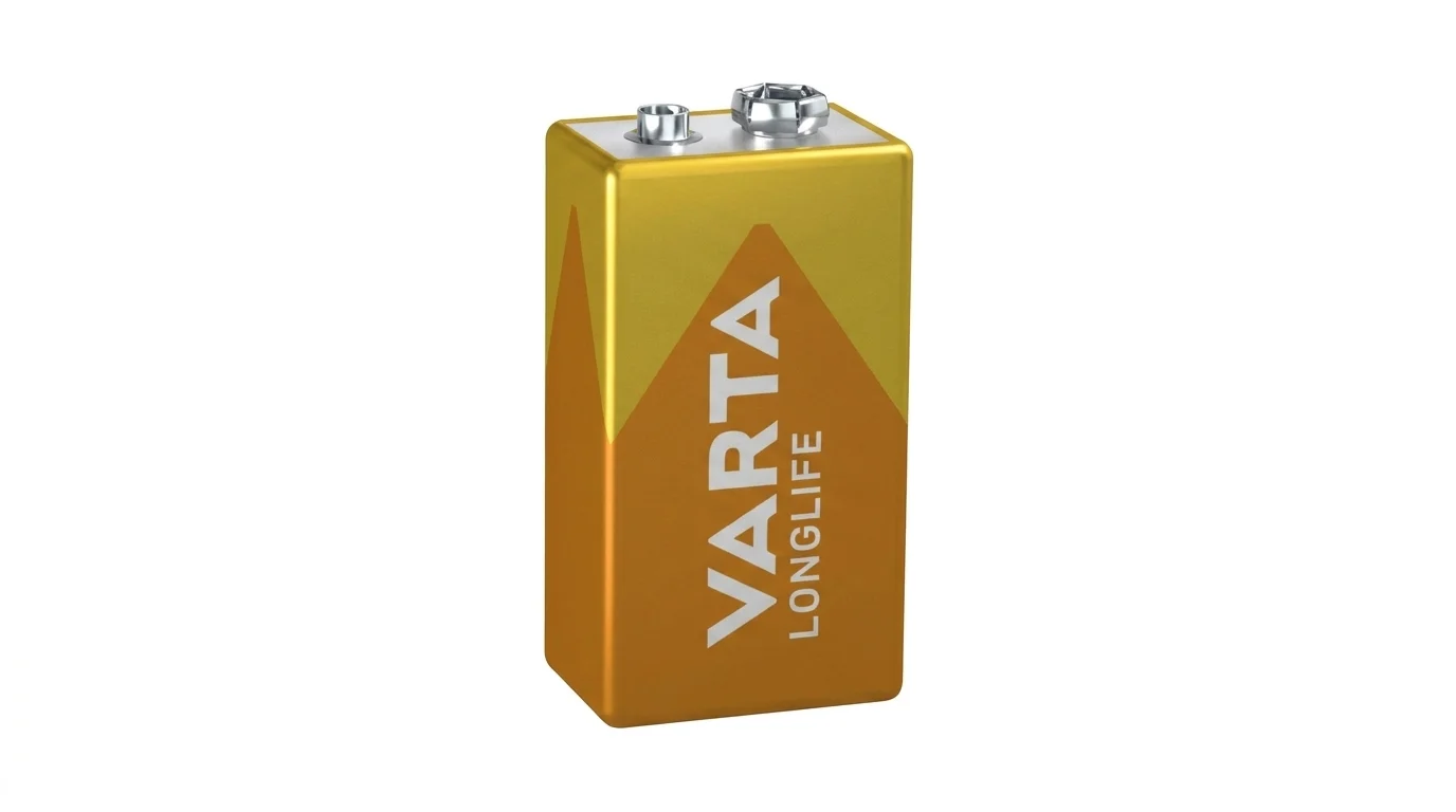 Alkalická 9V batéria VARTA Longlife v žlto-oranžovom vyhotovení na bielom pozadí.