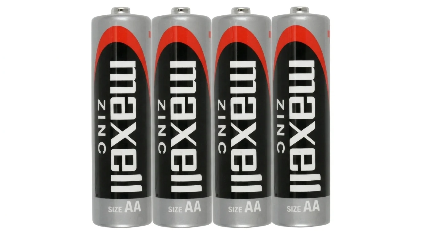 Čtyři tužkové baterie Maxell Zinc velikosti AA stojící vedle sebe.