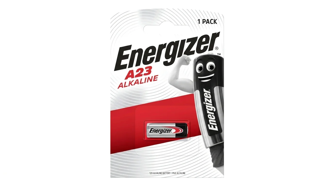 Blistrové balenie s jedným kusom 12V alkalickej batérie Energizer A23 a vyobrazeným maskotom značky.
