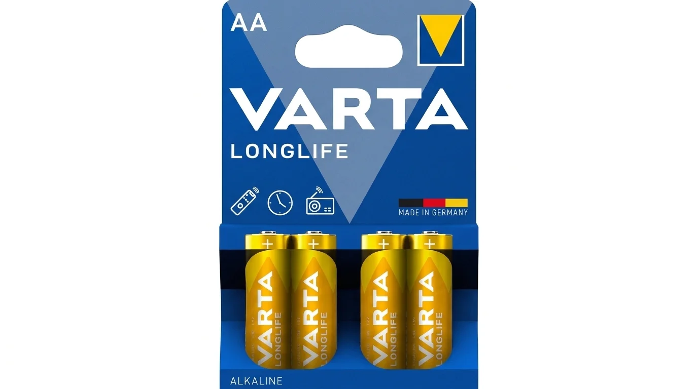 Čtyři alkalické tužkové baterie VARTA Longlife velikosti AA v modrém blistrovém balení.
