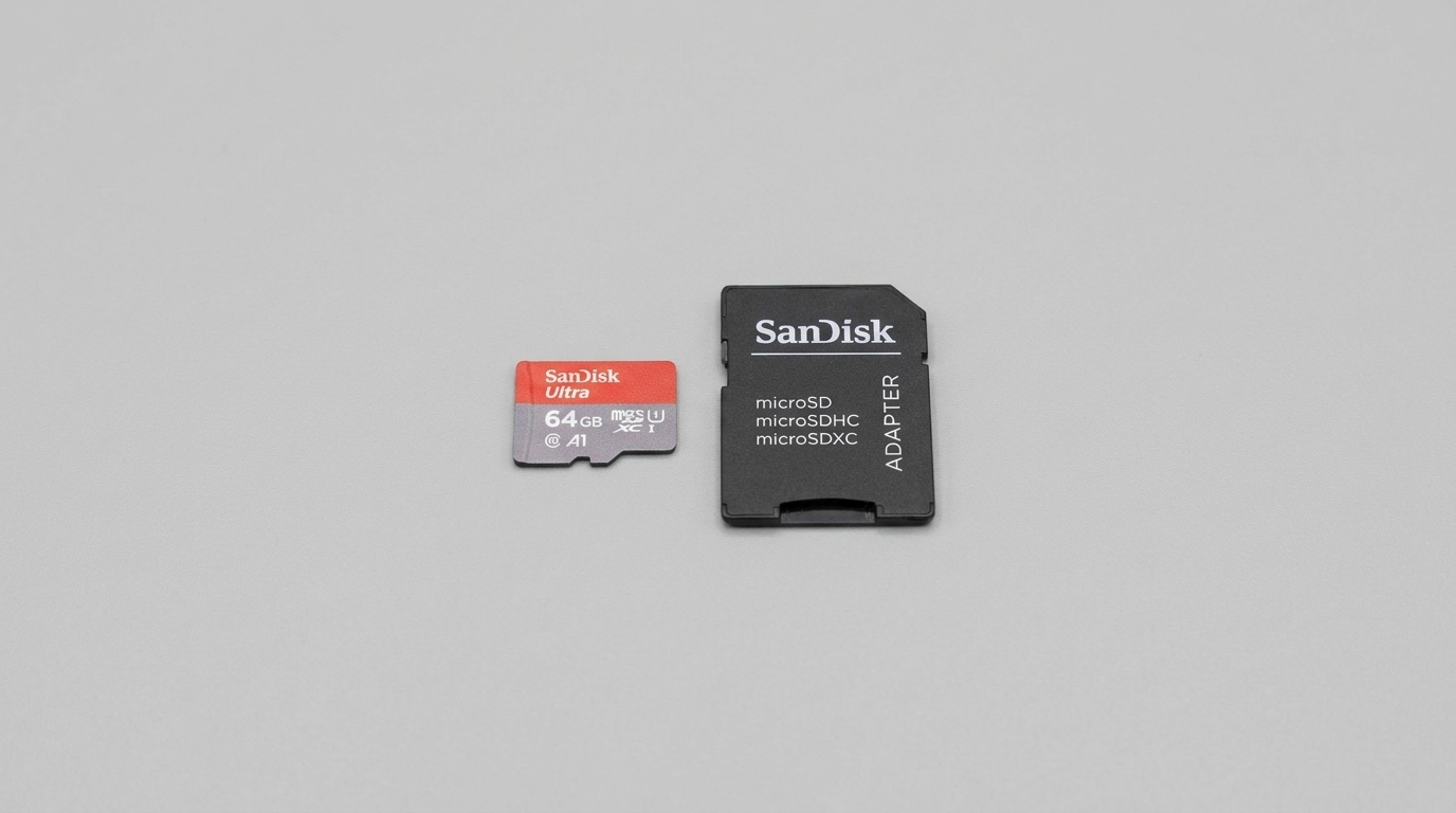 Paměťová karta SanDisk Ultra microSDXC 64 GB a černý SD adaptér na šedém pozadí.