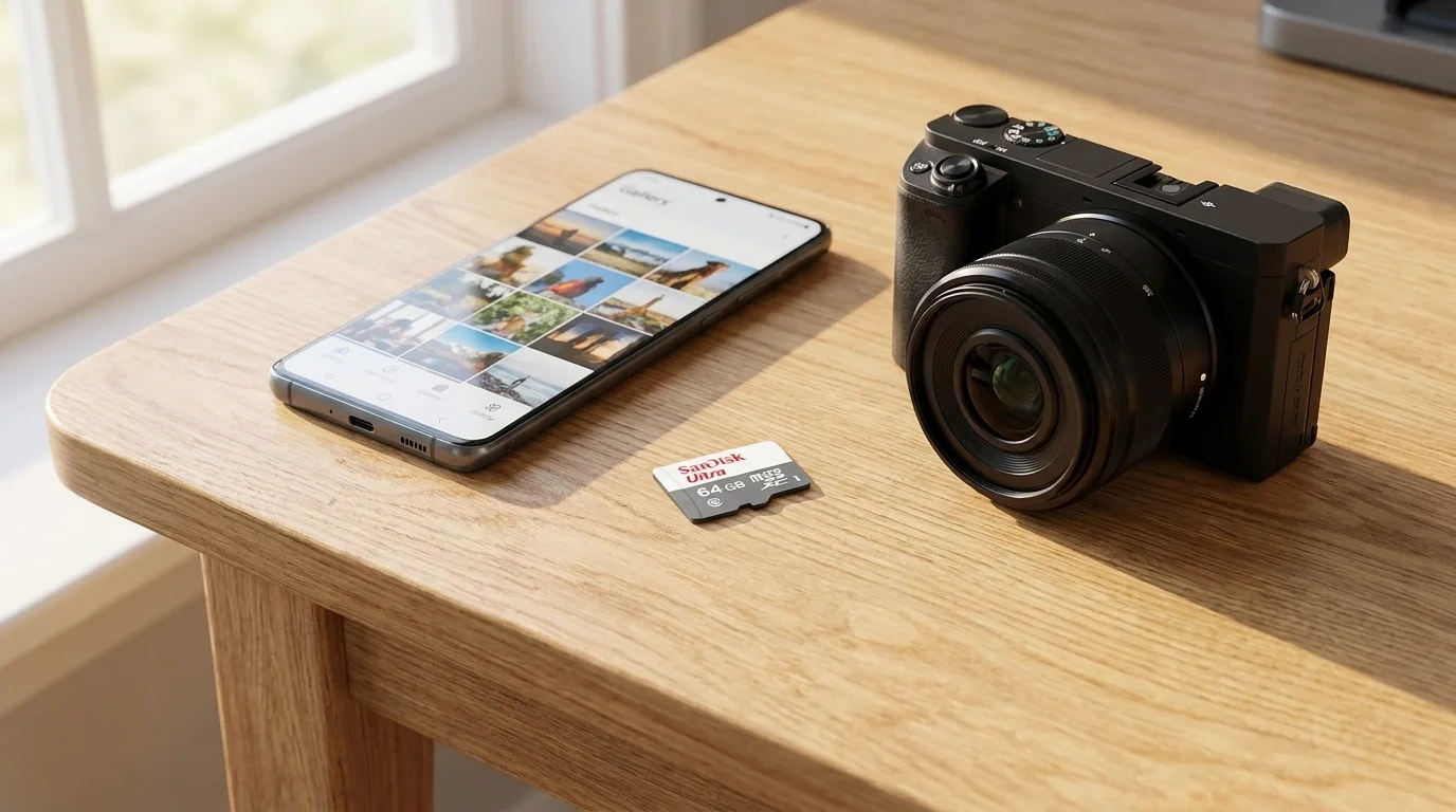 Paměťová karta SanDisk Ultra 64 GB položená na dřevěném stole mezi chytrým telefonem a fotoaparátem.