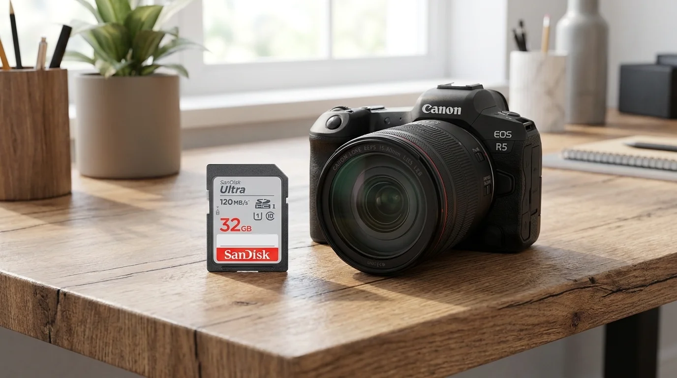 Paměťová karta SanDisk Ultra 32 GB postavená na dřevěném stole vedle digitálního fotoaparátu Canon EOS R5.