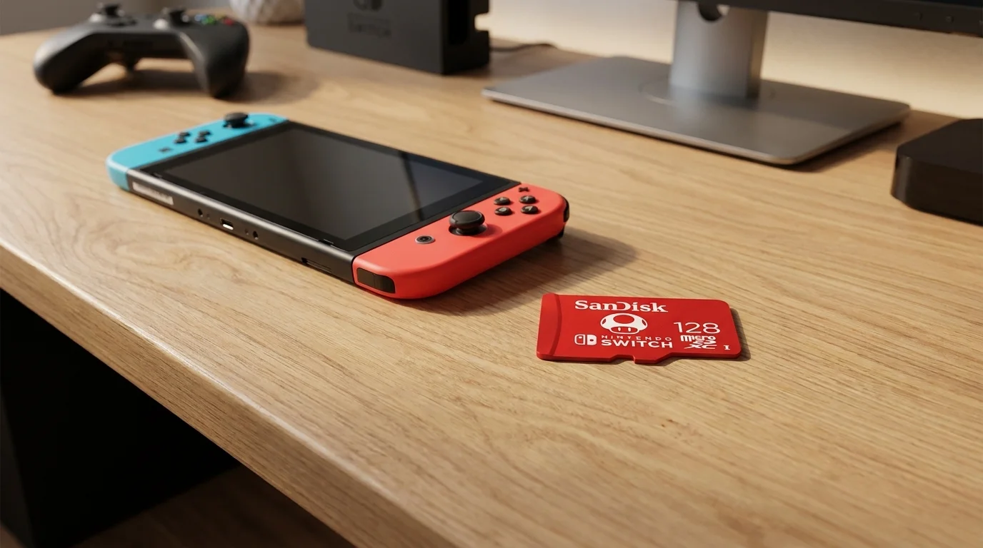 Červená paměťová karta SanDisk microSDXC 128GB položená na dřevěném stole vedle herní konzole Nintendo Switch.