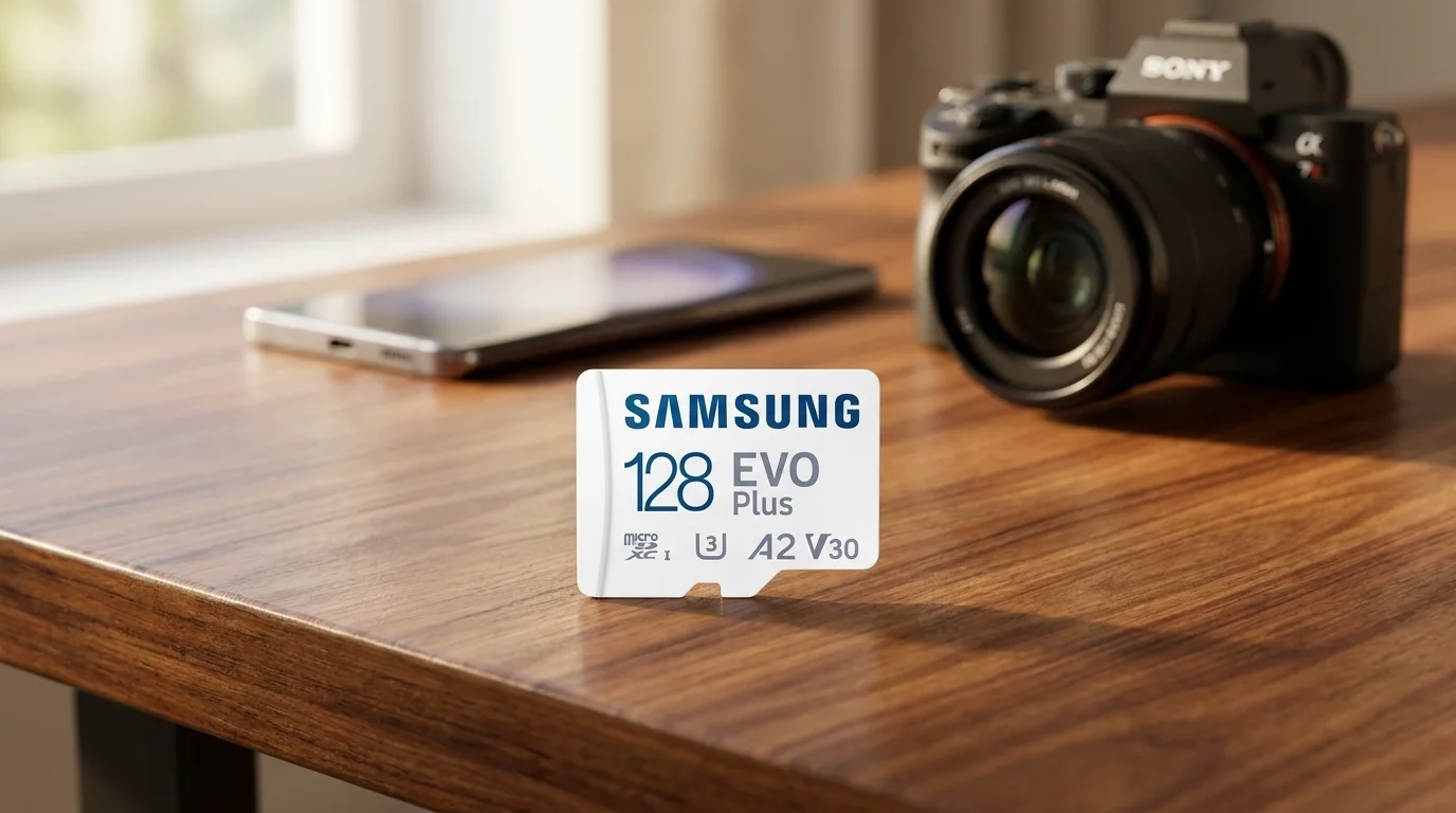 Paměťová karta Samsung microSDXC 128GB EVO Plus na dřevěném stole před smartphonem a fotoaparátem.