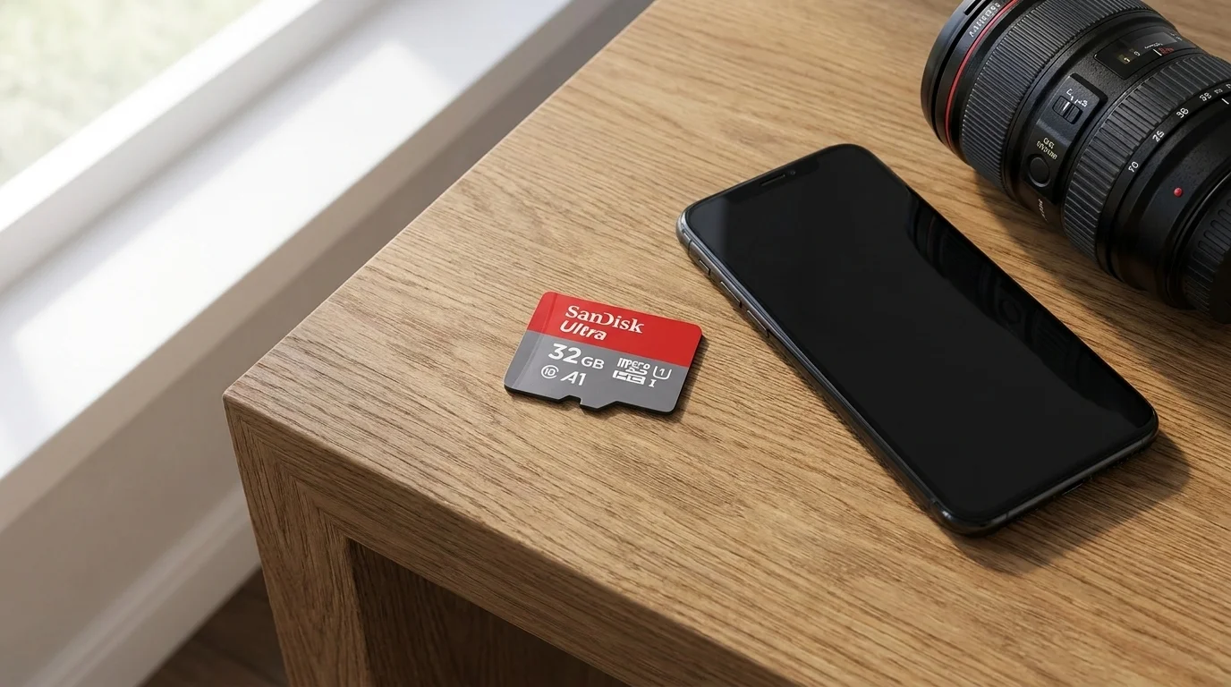 Paměťová karta SanDisk Ultra 32 GB položená na dřevěném stole vedle chytrého telefonu a objektivu fotoaparátu.