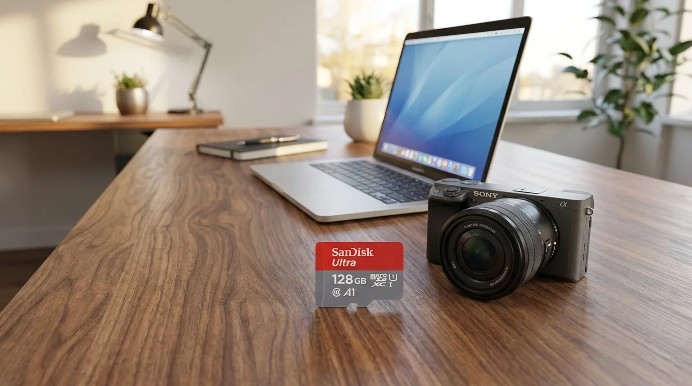 Pamäťová microSD karta SanDisk Ultra 128 GB na drevenom stole vedľa fotoaparátu a notebooku.