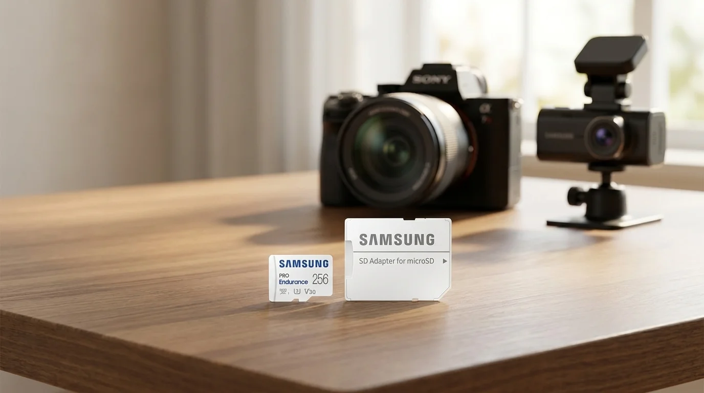 Paměťová karta Samsung PRO Endurance 256 GB a SD adaptér na dřevěném stole, v pozadí stojí fotoaparát a kamera.