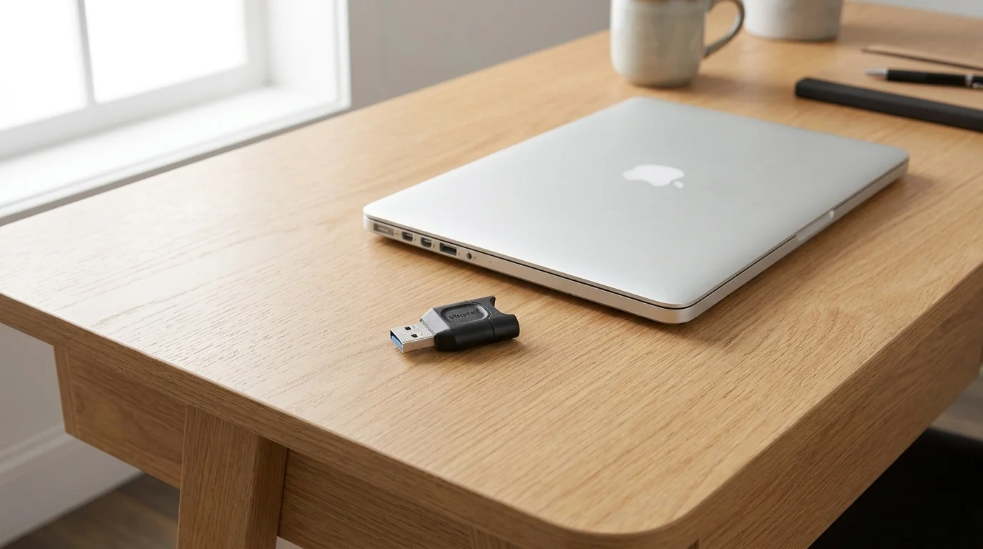 Čítačka pamäťových kariet Kingston MobileLite Plus položená na drevenom stole vedľa zatvoreného notebooku.
