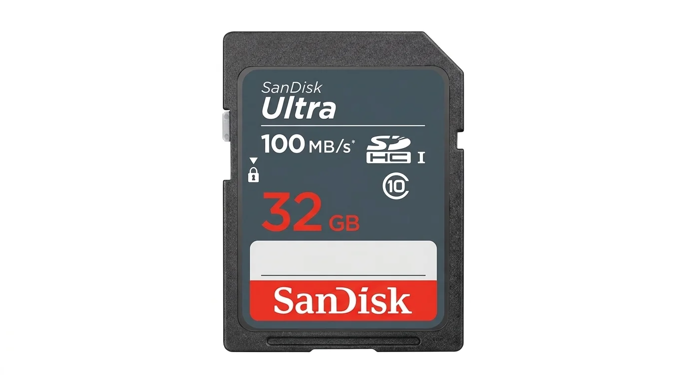 Paměťová karta SanDisk Ultra SDHC s kapacitou 32 GB, přenosovou rychlostí až 100 MB/s a rychlostní třídou Class 10 UHS-I.