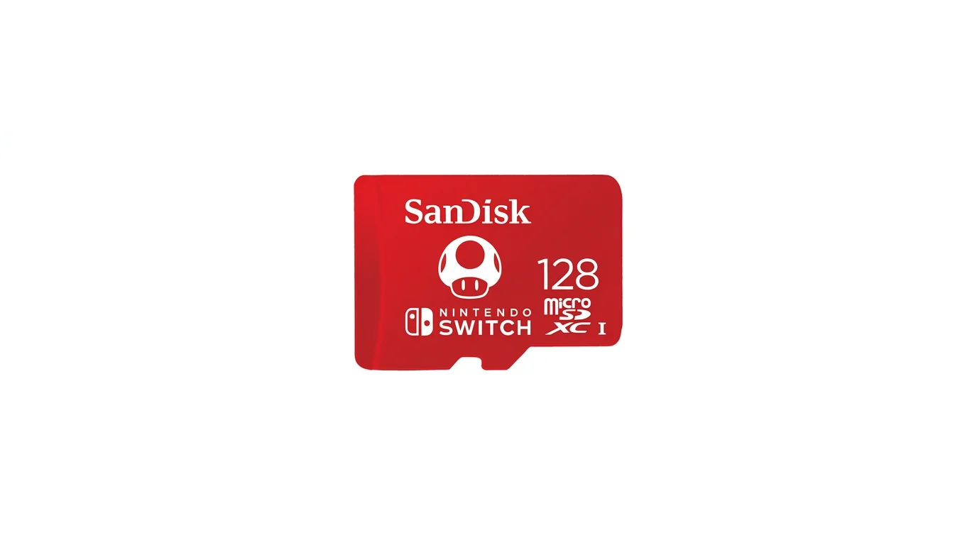 Červená paměťová karta SanDisk microSDXC 128 GB s logem Nintendo Switch a motivem houbičky.