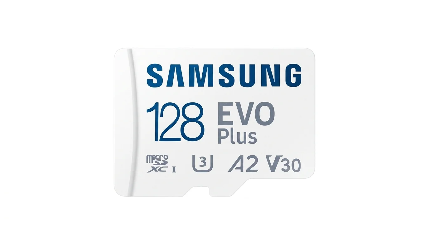 Bílá paměťová karta Samsung microSDXC EVO Plus s kapacitou 128 GB a označením rychlostních tříd U3, A2 a V30.
