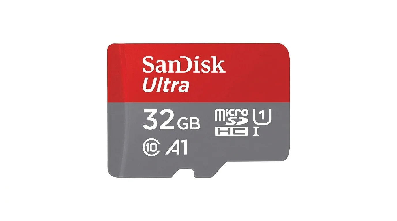 Paměťová karta SanDisk Ultra microSDHC s kapacitou 32 GB a označením Class 10, UHS-I a A1 v červeno-šedém provedení.