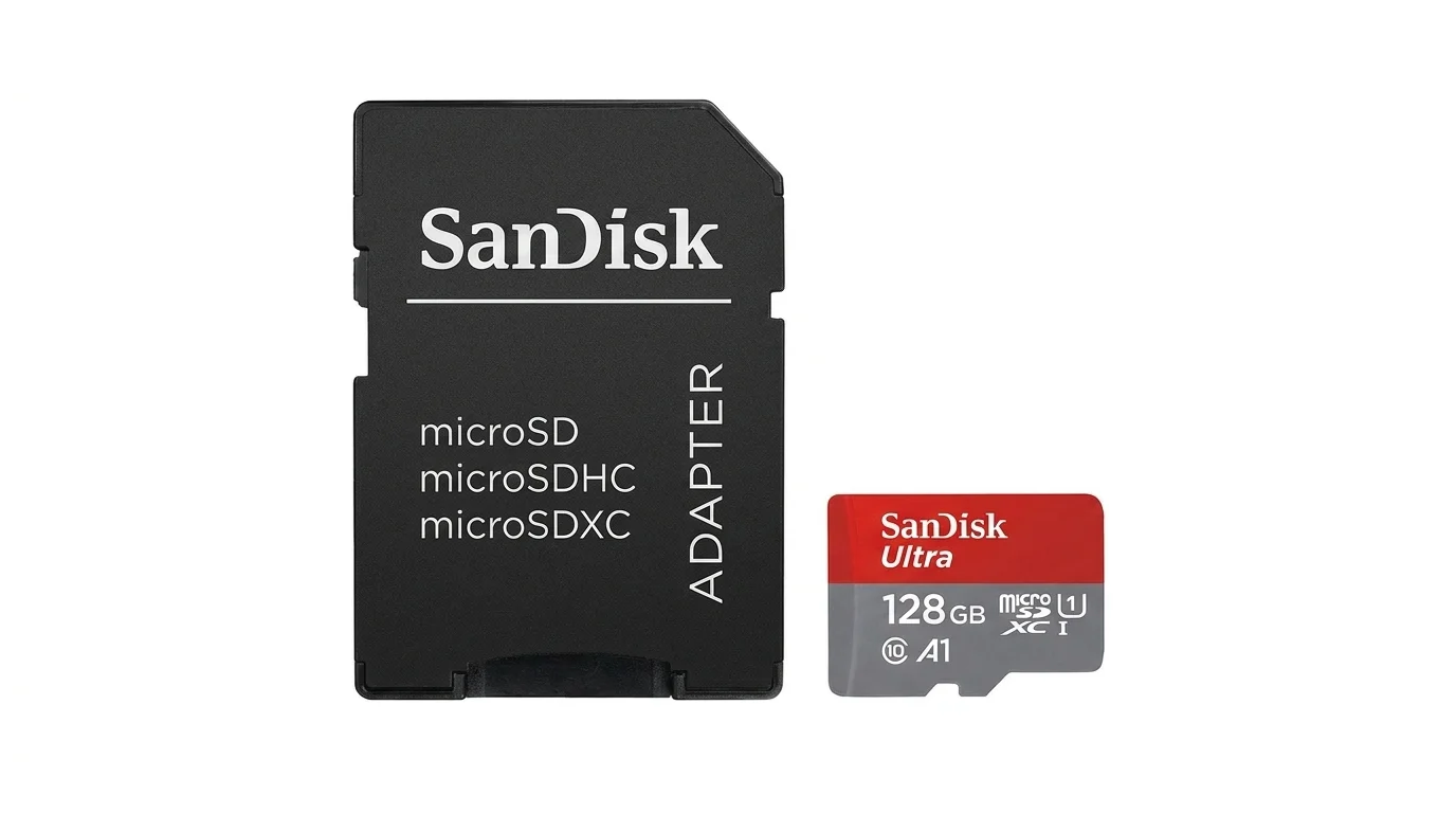 Pamäťová karta SanDisk Ultra microSDXC 128 GB a čierny SD adaptér.