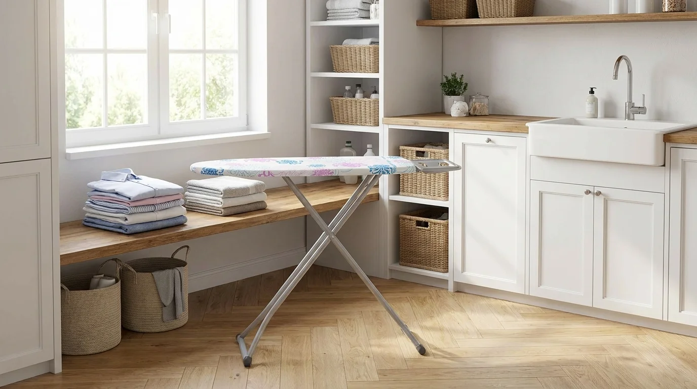 Žehlicí prkno s potahem Leifheit Cotton Classic Universal stojící ve světlé prádelně vedle složeného prádla.