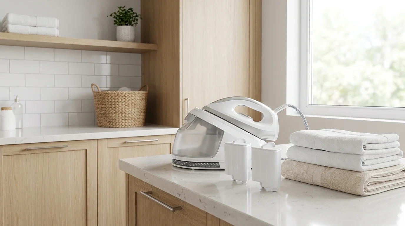 Dvě odvápňovací kazety Tefal postavené vedle parního generátoru a složených ručníků na světlé lince.