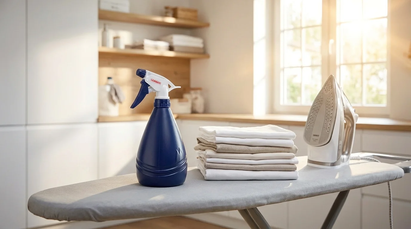 Modrý rozprašovač na prádlo Leifheit stojí na žehlicím prkně vedle složeného prádla a žehličky.